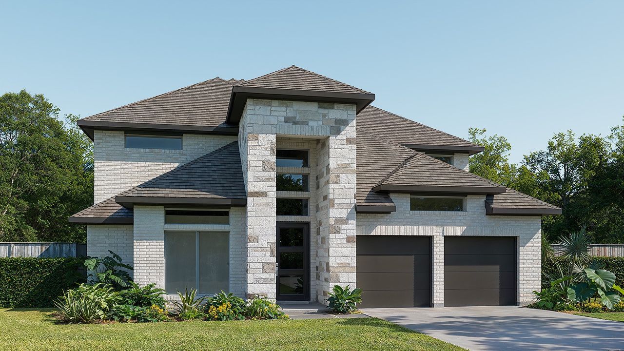 Representative exterior photo of a completed home built from the 3397W by Perry Homes in The Highlands 60', Porter, TX (Image 2). Representative exterior photo of a completed home built from the 3397W by Perry Homes in The Highlands 60', Porter, TX (Image 2).