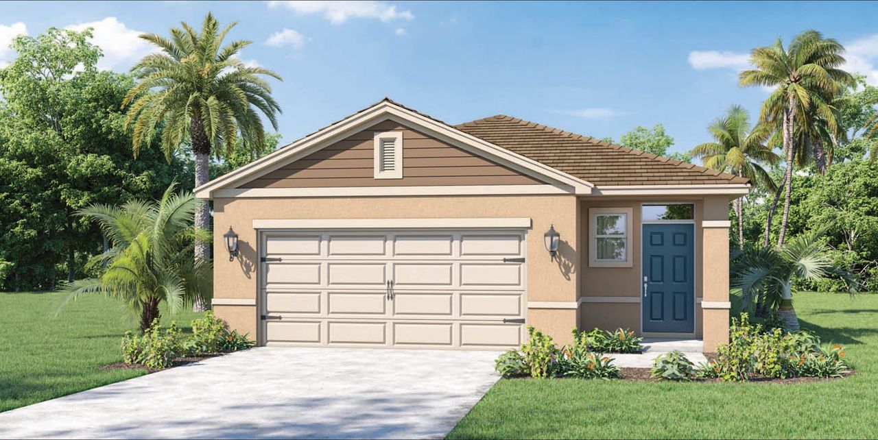 Front exterior of a new home in Cascades, Davenport, FL, highlighting curb appeal (Image 2).