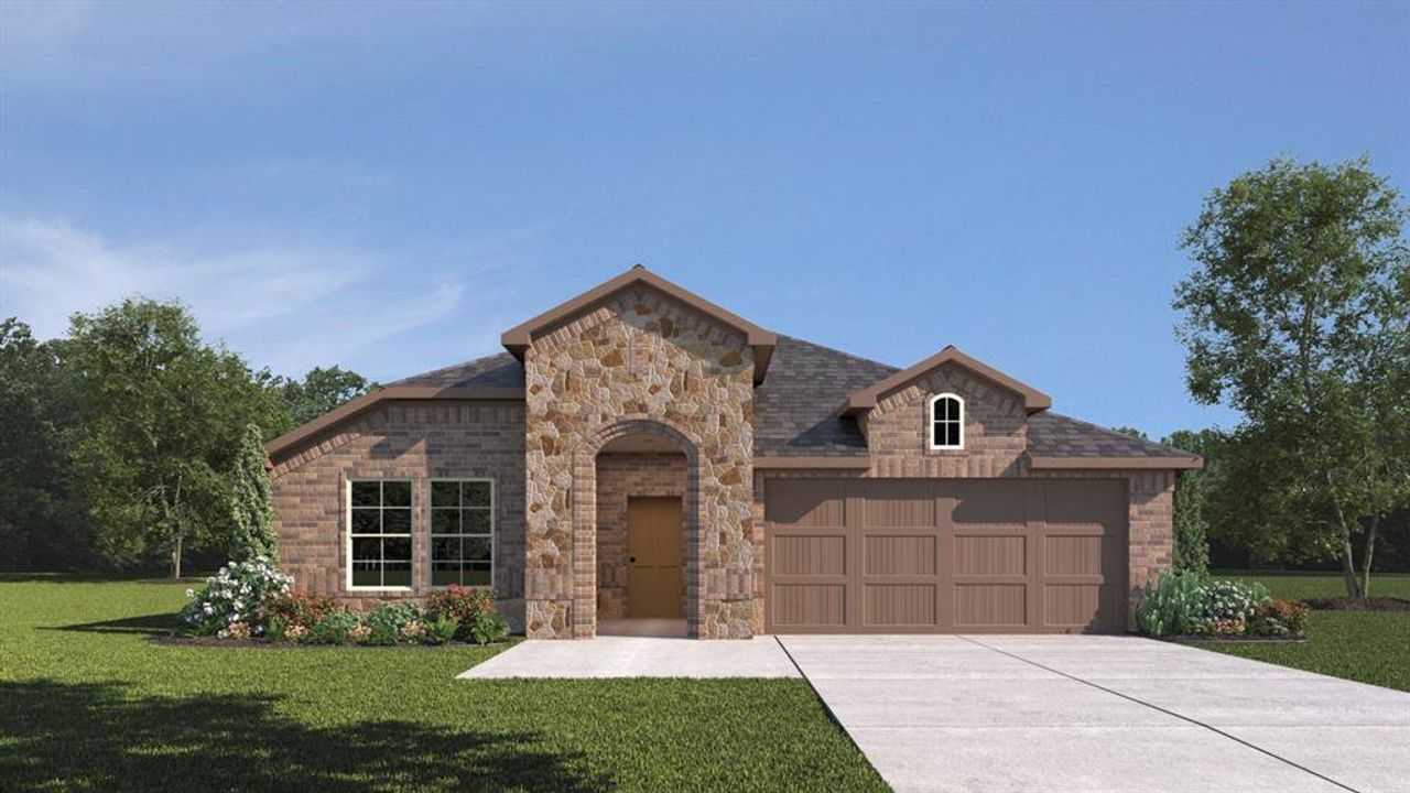 Front exterior of a new home in Woodcreek, Fate, TX, highlighting curb appeal (Image 2). Front exterior of a new home in Woodcreek, Fate, TX, highlighting curb appeal (Image 2).