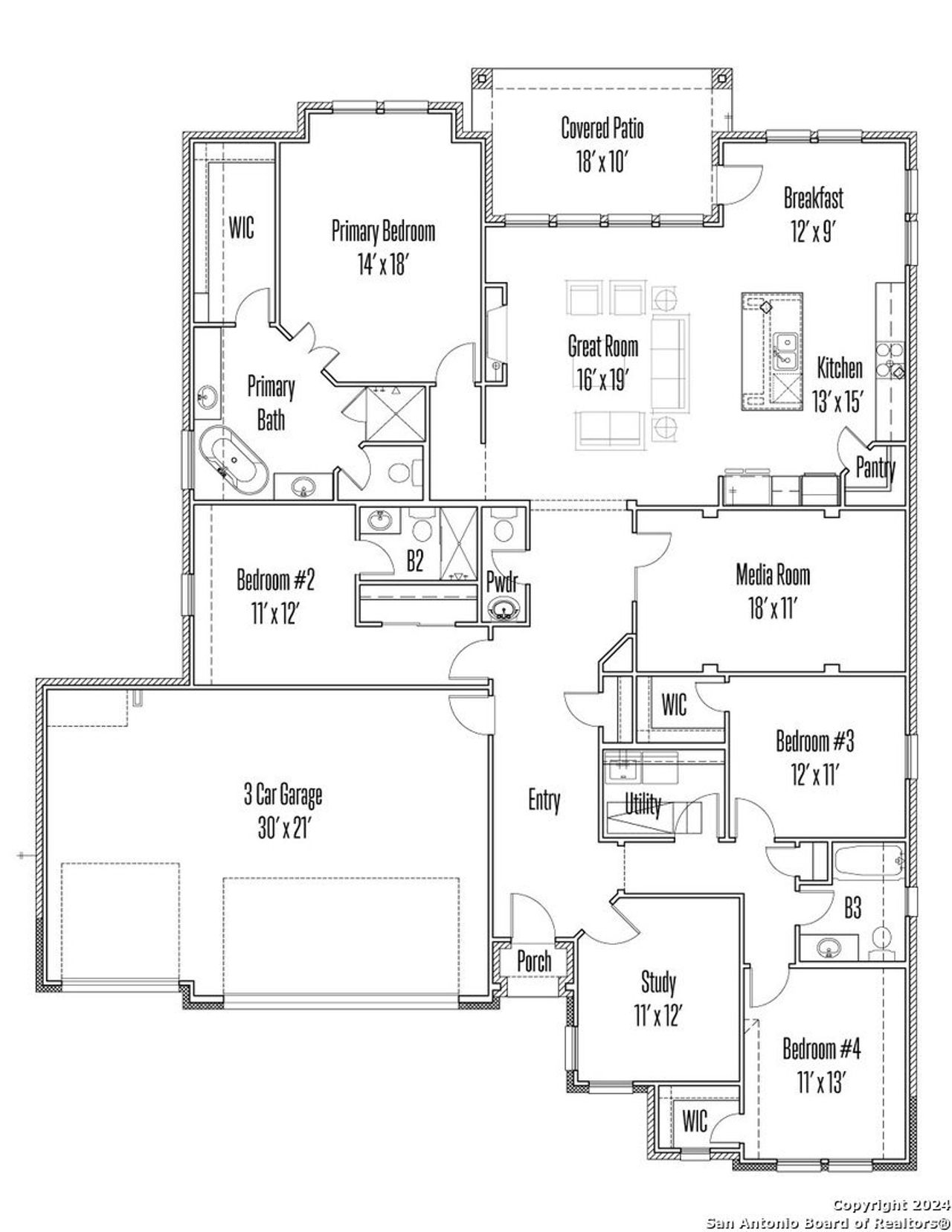 2D floor plan layout of this home in Ventana - 70', Bulverde, TX (Image 2).