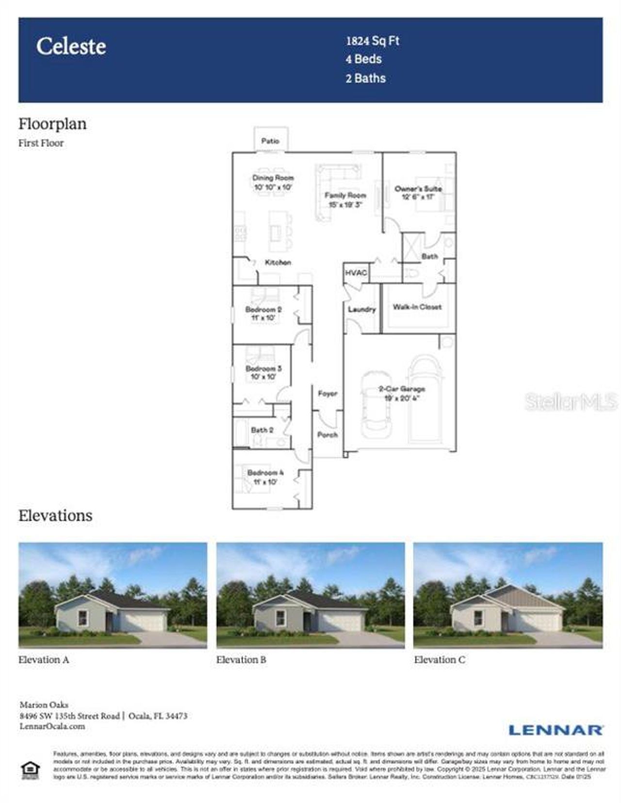 2D floor plan layout of this home in Marion Oaks, Ocala, FL (Image 2).
