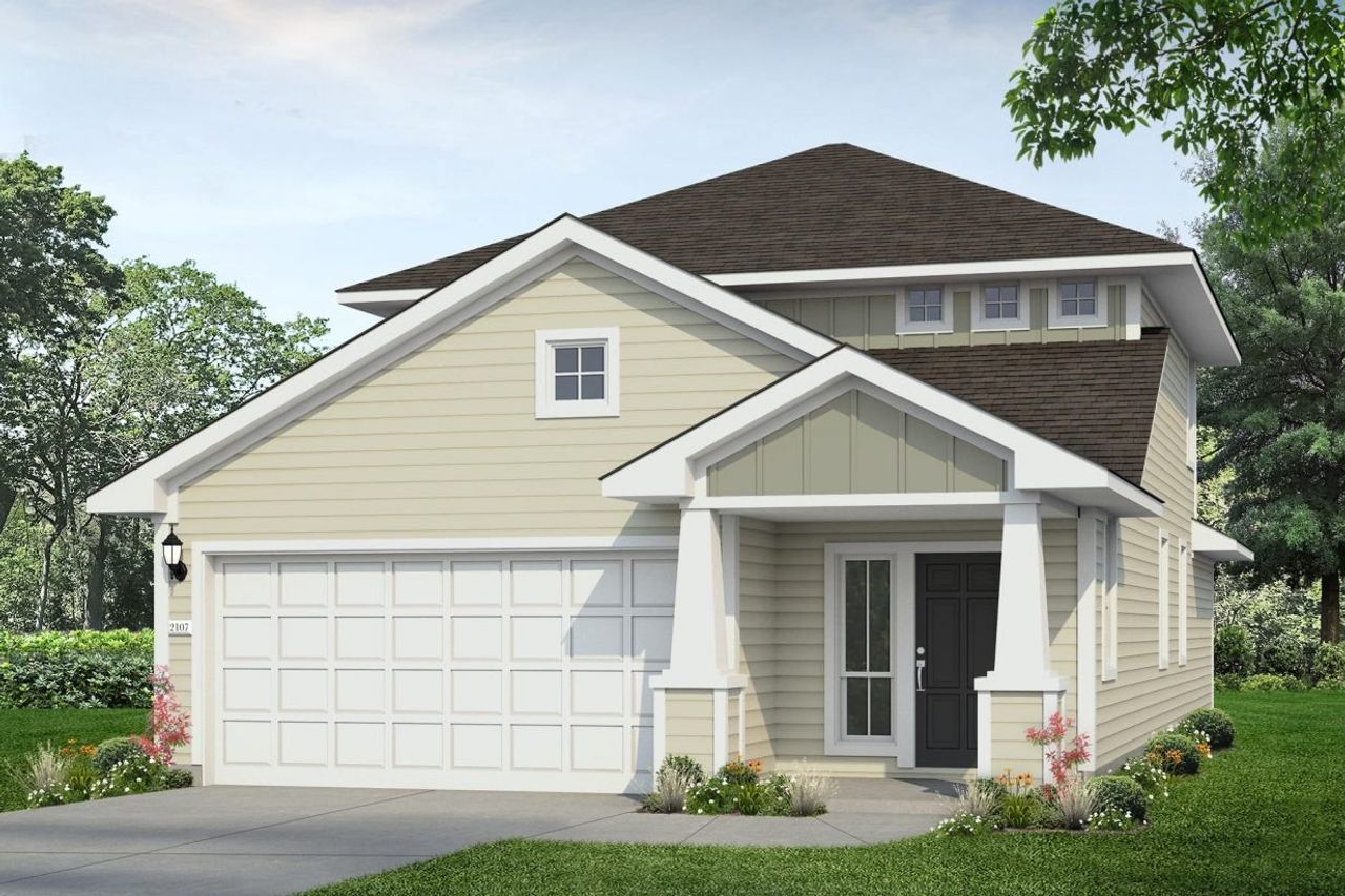 Representative exterior photo of a completed home built from the Cascade 2107 by Brohn Homes in Cascade, Liberty Hill, TX (Image 2). Representative exterior photo of a completed home built from the Cascade 2107 by Brohn Homes in Cascade, Liberty Hill, TX (Image 2).