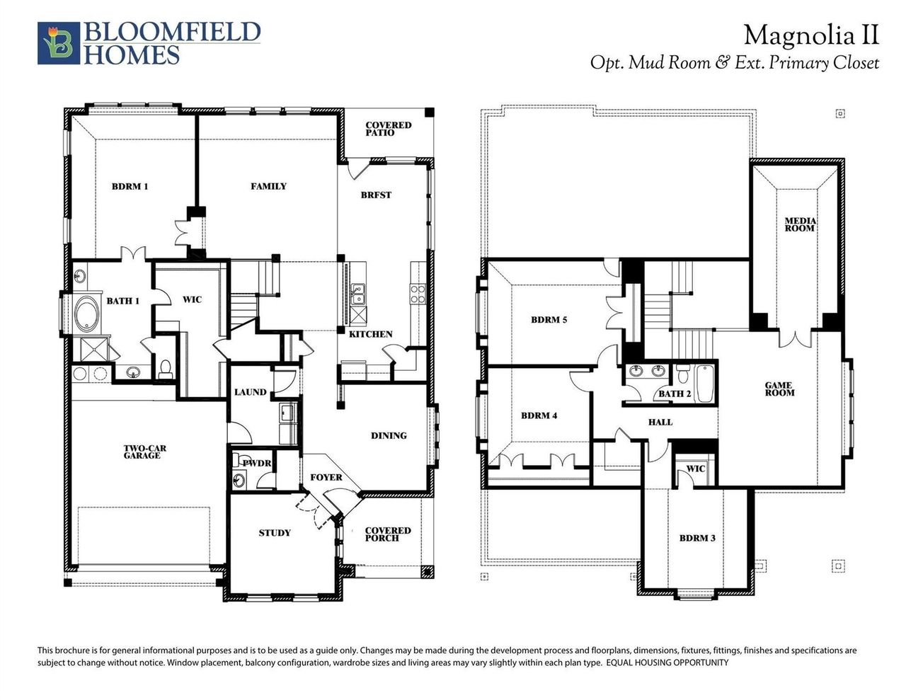 Bloomfield Homes Magnolia II two-story floor plan with 5 bedrooms, game room, and two-car garage on both levels.
