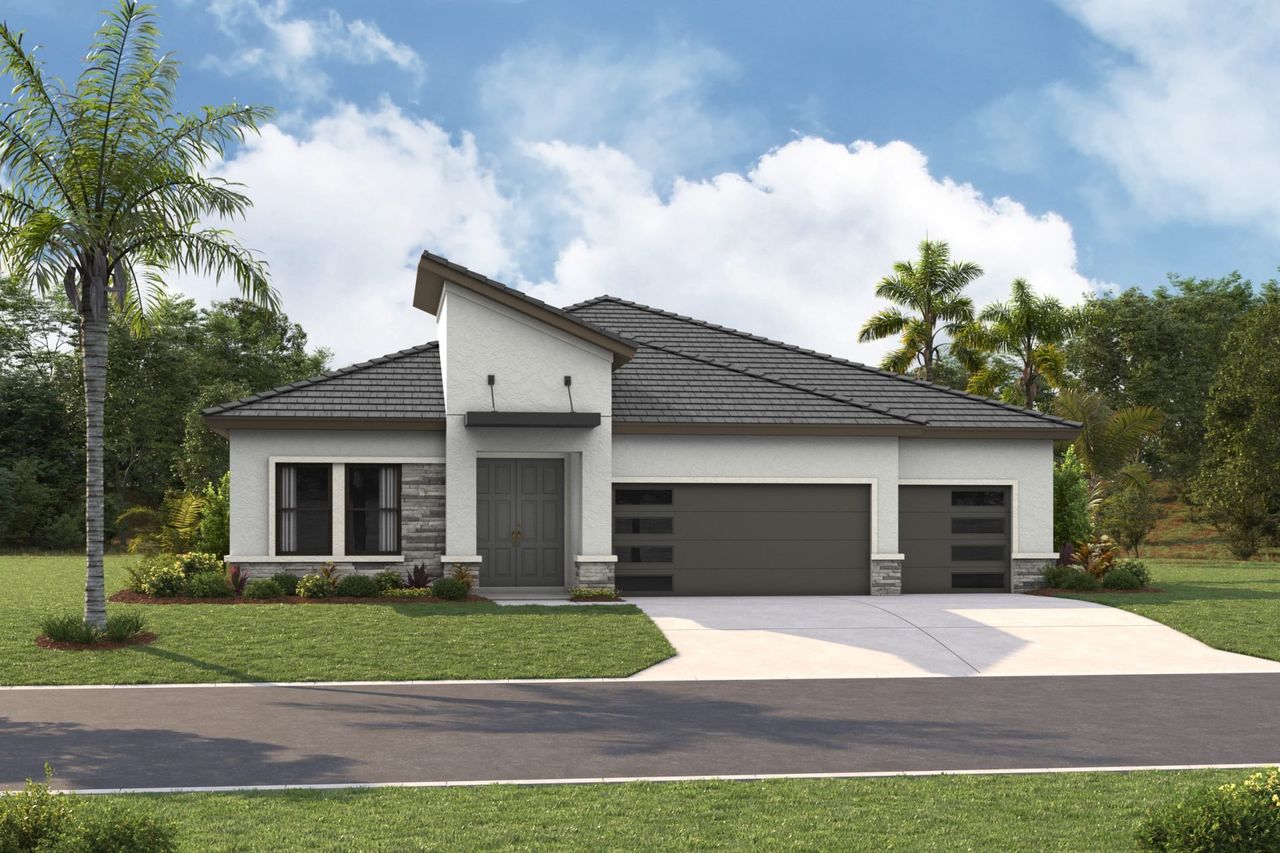 Representative exterior photo of a completed home built from the Bayport I by Homes by WestBay in Two Rivers, Zephyrhills, FL (Image 2).