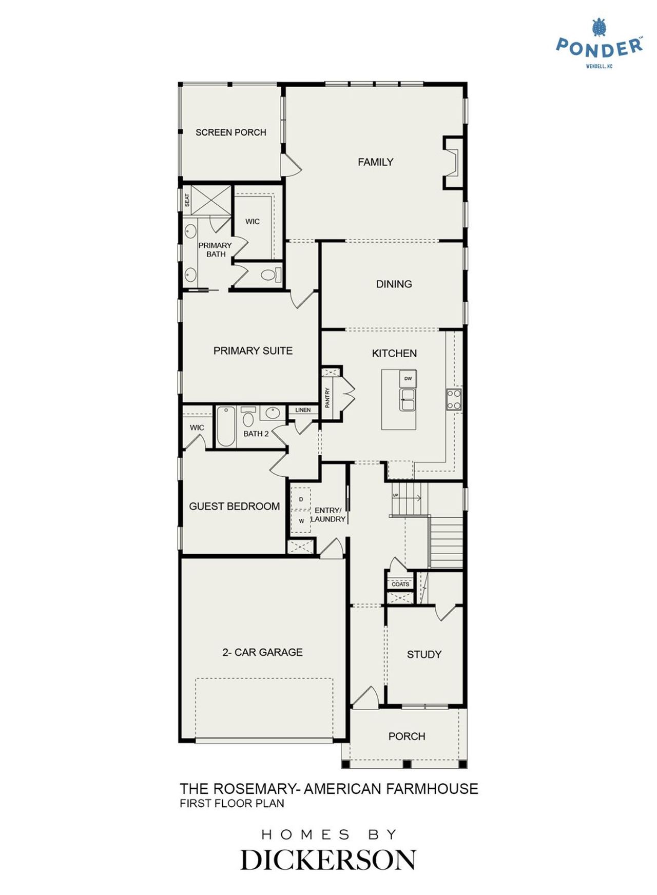 2D floor plan layout for the Rosemary American Farmhouse by Homes by Dickerson in Ponder, Wendell, NC (Image 2).