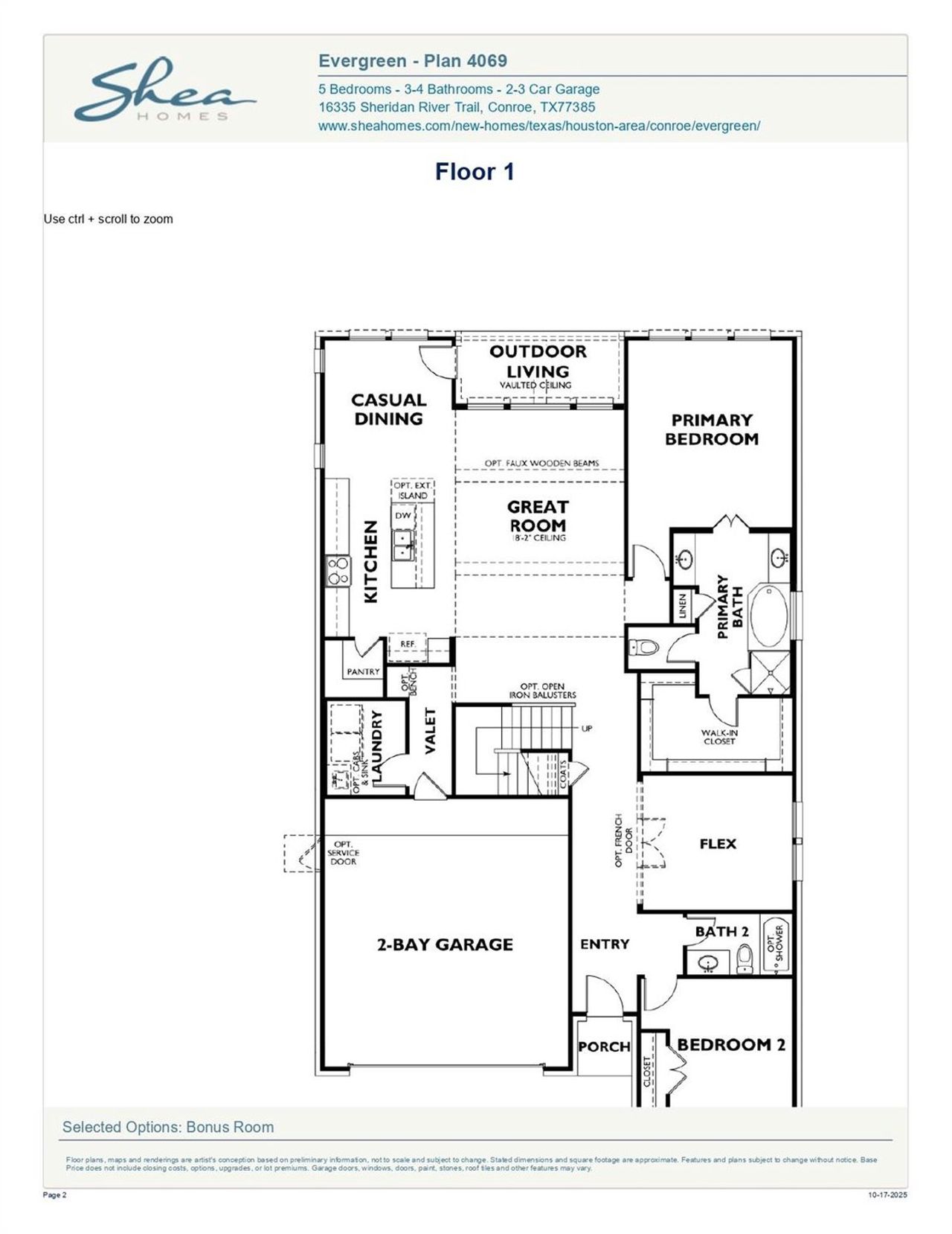 2D floor plan layout of this home in Evergreen 50', Conroe, TX (Image 2).