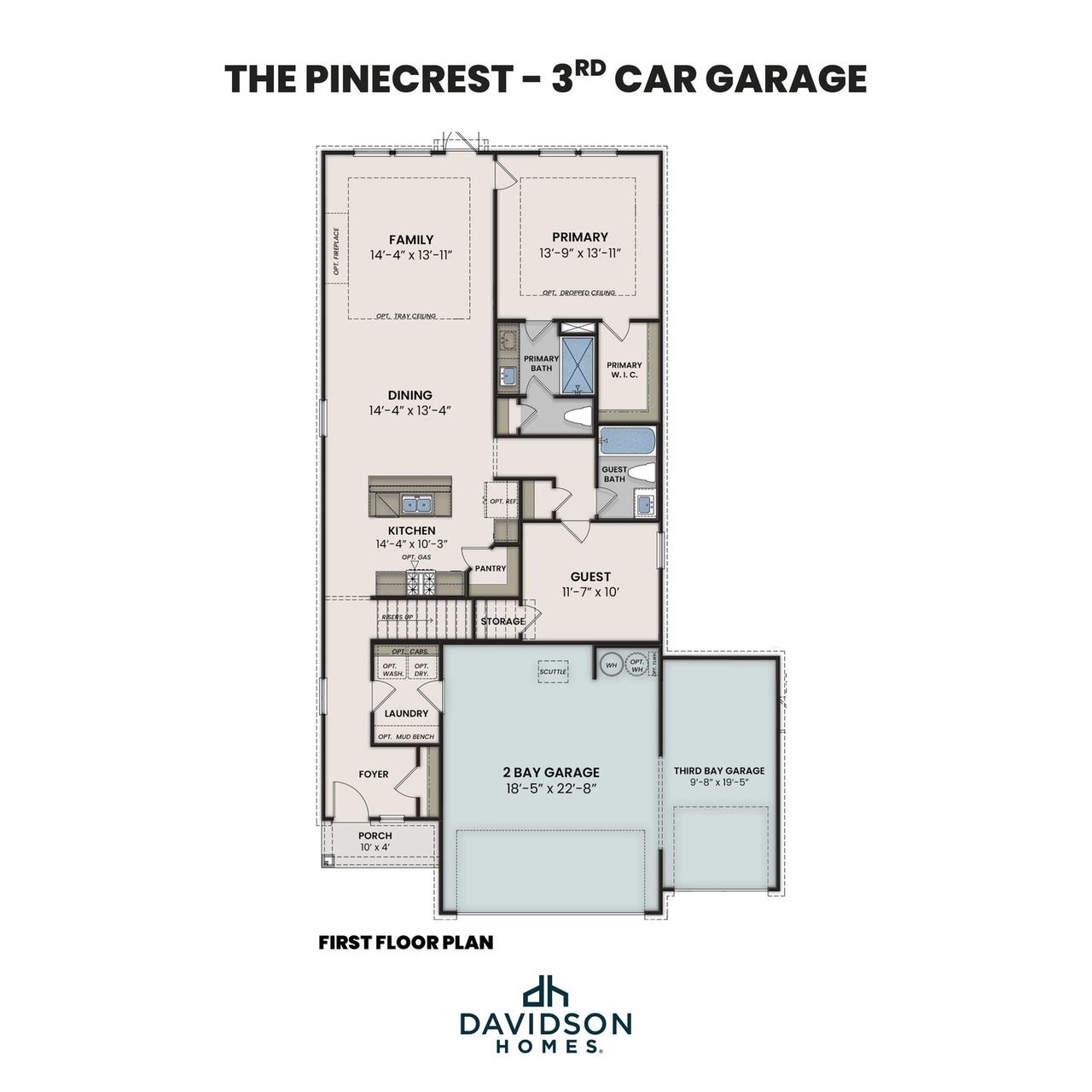 2D floor plan layout for the The Pinecrest B w/ 3rd Car by Davidson Homes LLC in Rayburn Valley, San Antonio, TX (Image 2).