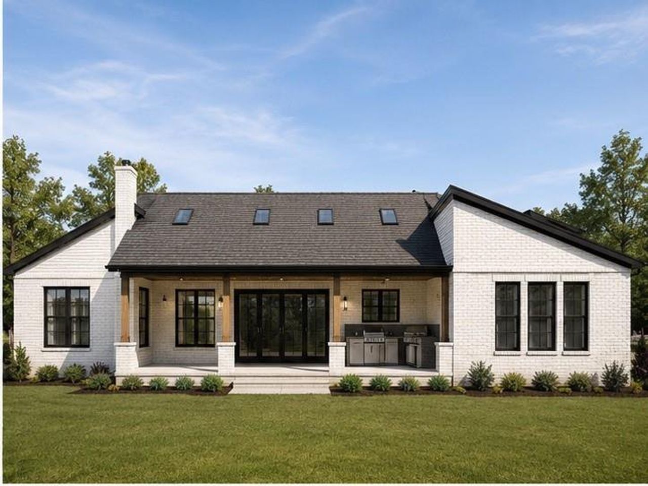 White brick exterior with a dark shingle roof featuring multiple skylights