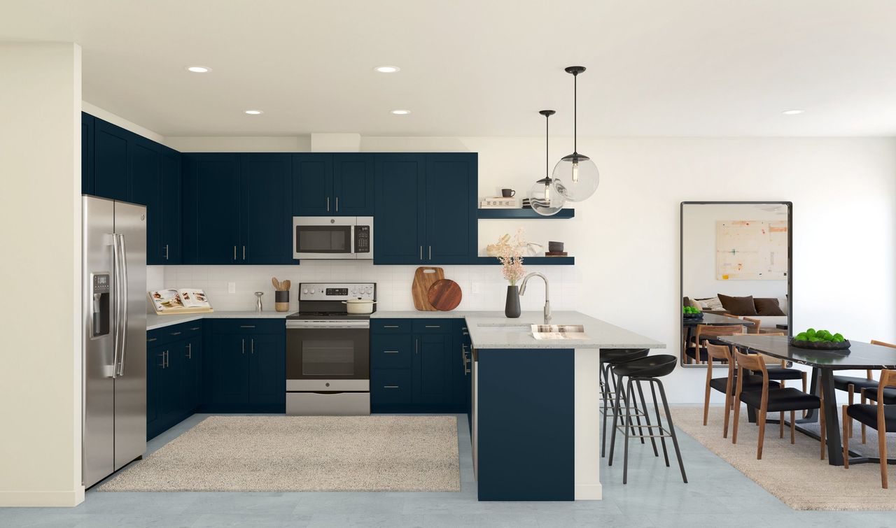 Kitchen with pendant lights & floating shelves
