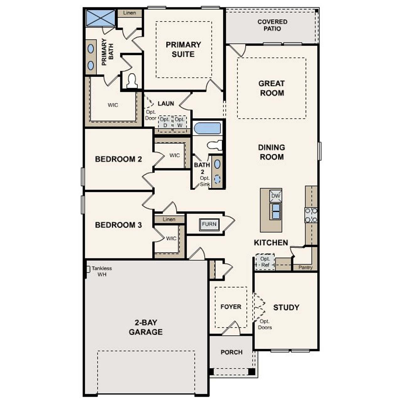 2D floor plan layout for the Champlain by Century Communities in Mirabella, Brookshire, TX (Image 2).