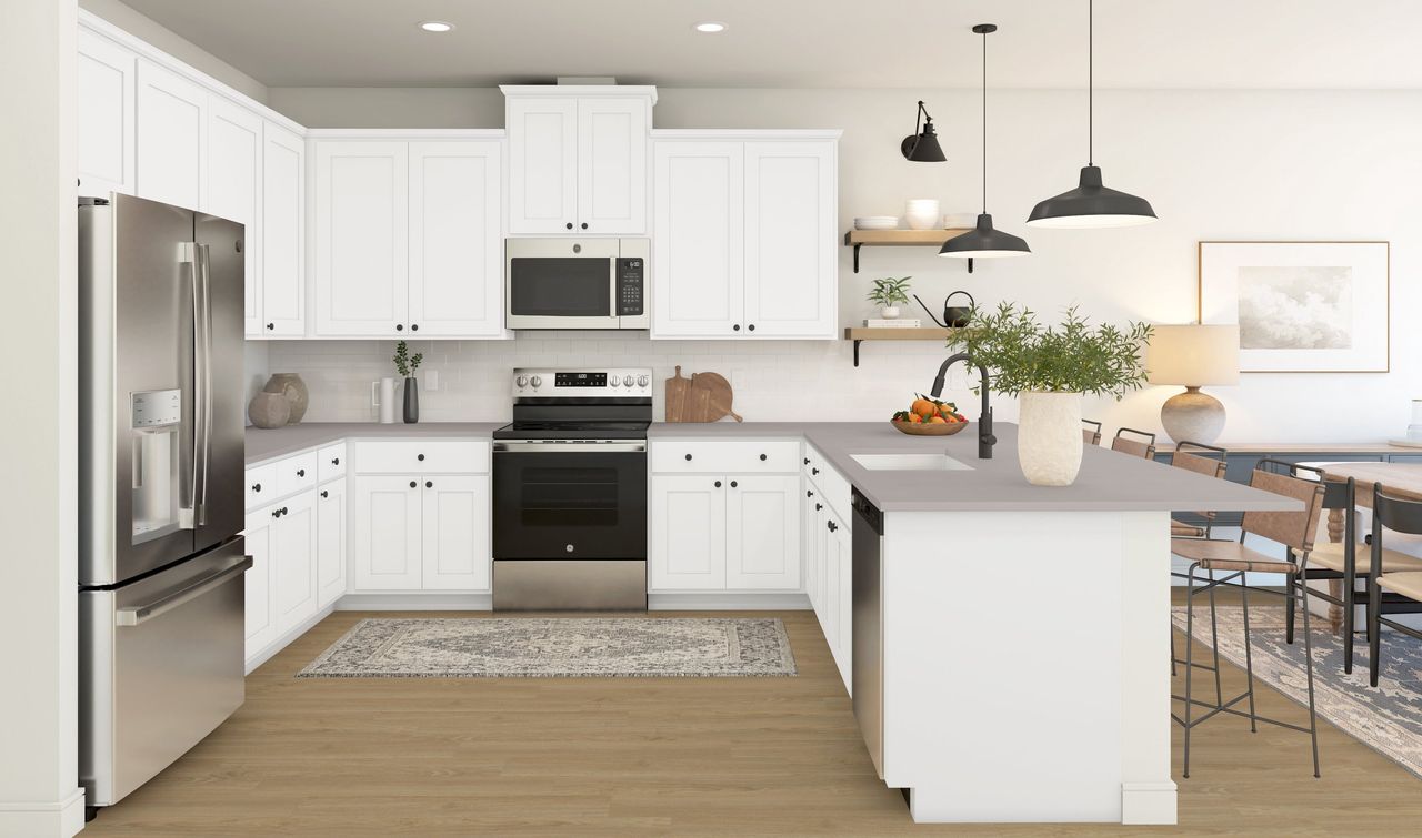 Kitchen with pendant lights & floating shelves