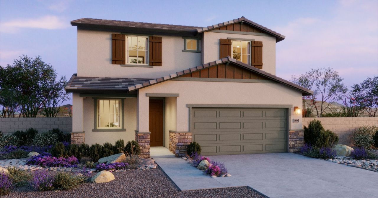 Representative exterior photo of a completed home built from the 3505 by New Home Co. in The Villas Collection at Copper Falls, Buckeye, AZ (Image 2). Representative exterior photo of a completed home built from the 3505 by New Home Co. in The Villas Collection at Copper Falls, Buckeye, AZ (Image 2).