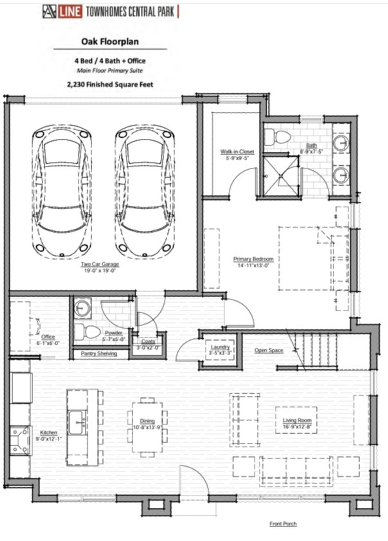 2D floor plan layout for the Oak by D.H. Friedman Properties LLC in A Line Townhomes, Denver, CO (Image 2).