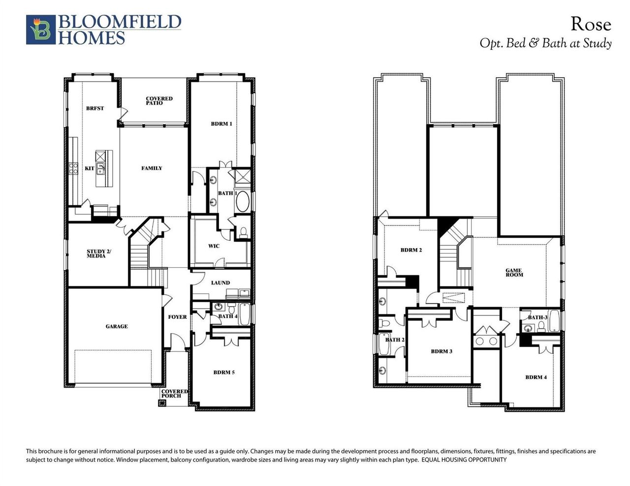 Bloomfield Homes "Rose" two-story floor plan with five bedrooms, game room, and optional bed and bath at study. Bloomfield Homes "Rose" two-story floor plan with five bedrooms, game room, and optional bed and bath at study.