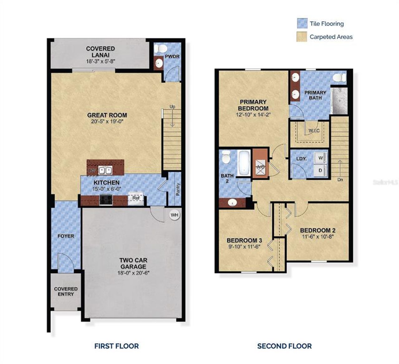2D floor plan layout of this home in Blue Springs Reserve Townhomes, Howey-in-the-Hills, FL (Image 2).