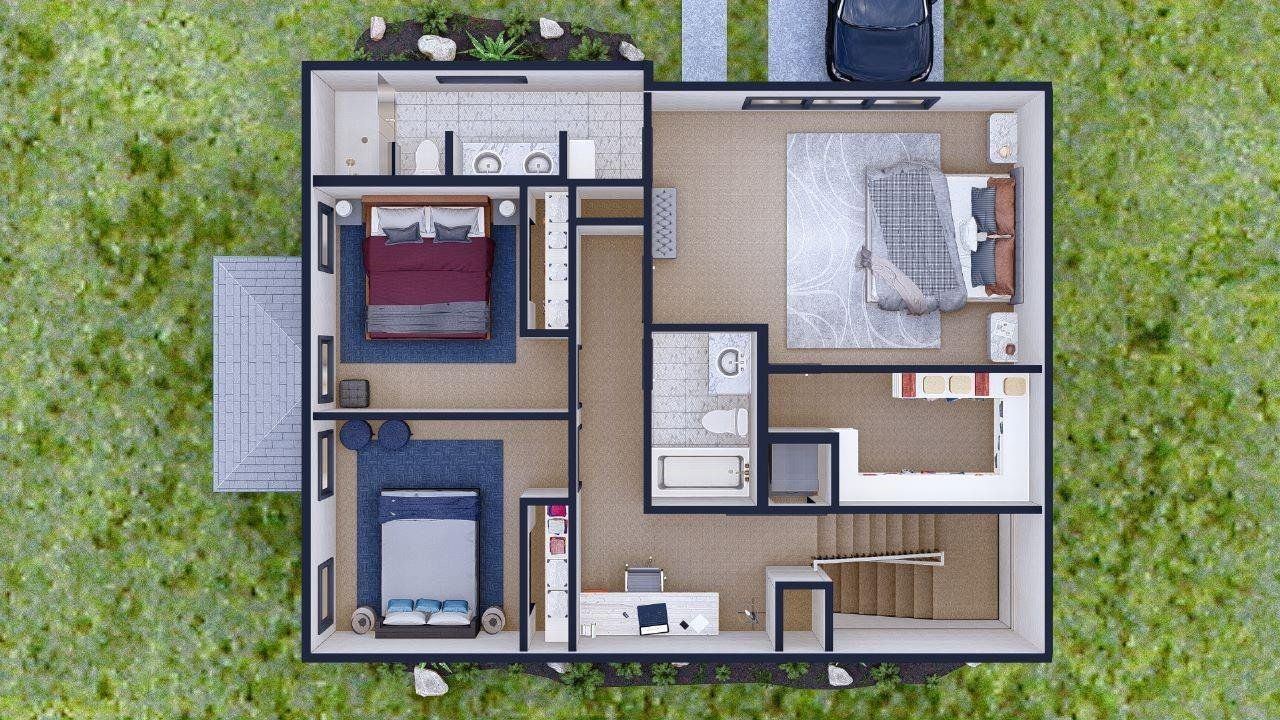 Second floor includes three bedrooms, two full baths, a built-in desk area, and a spacious primary suite with a walk-in closet and ensuite bath. A smart, functional layout designed for comfort and flexibility.