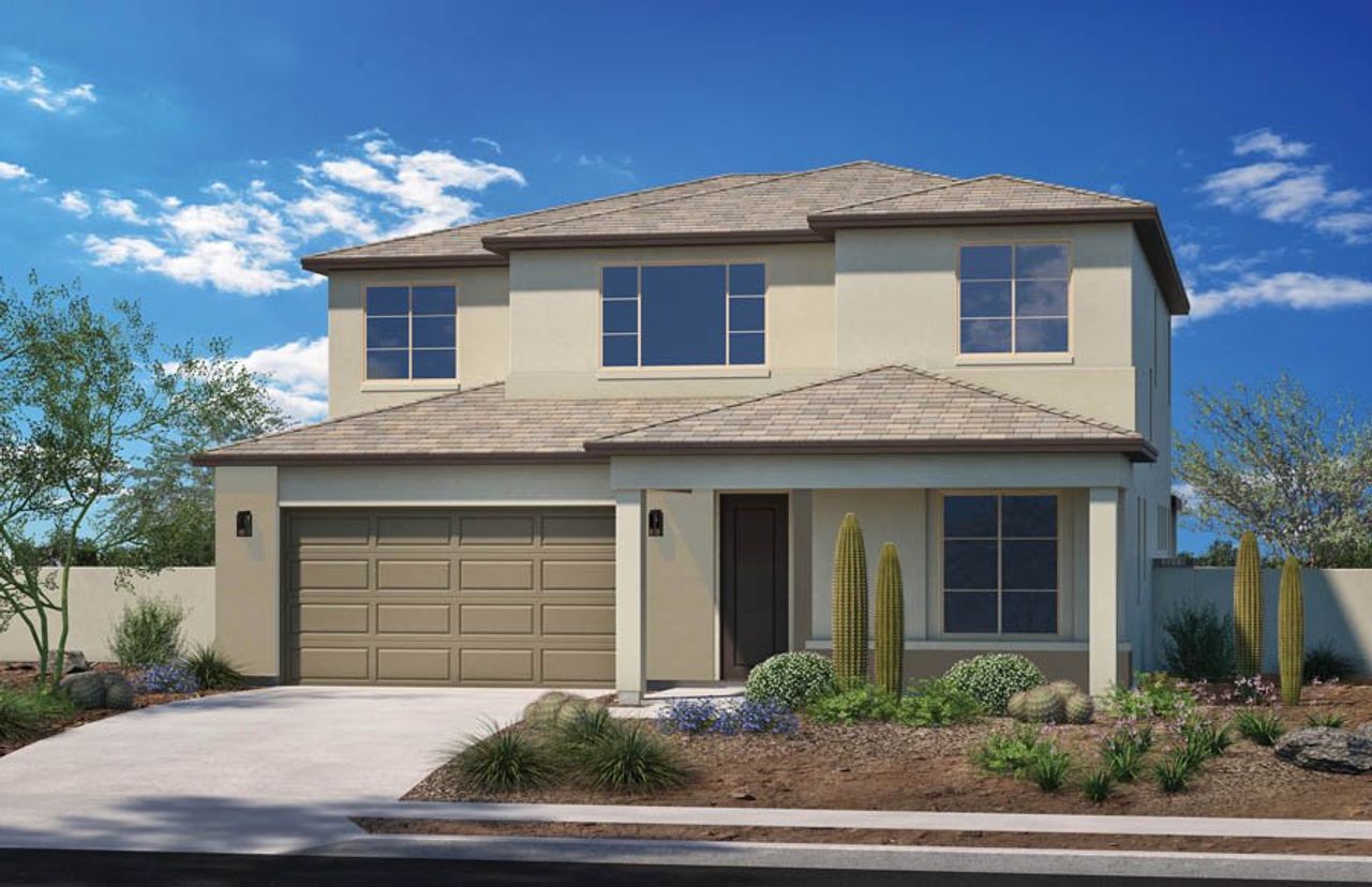 Representative exterior photo of a completed home built from the Plan 2908 by Homes by Towne in Alora at Ironwing, Litchfield Park, AZ (Image 2). Representative exterior photo of a completed home built from the Plan 2908 by Homes by Towne in Alora at Ironwing, Litchfield Park, AZ (Image 2).