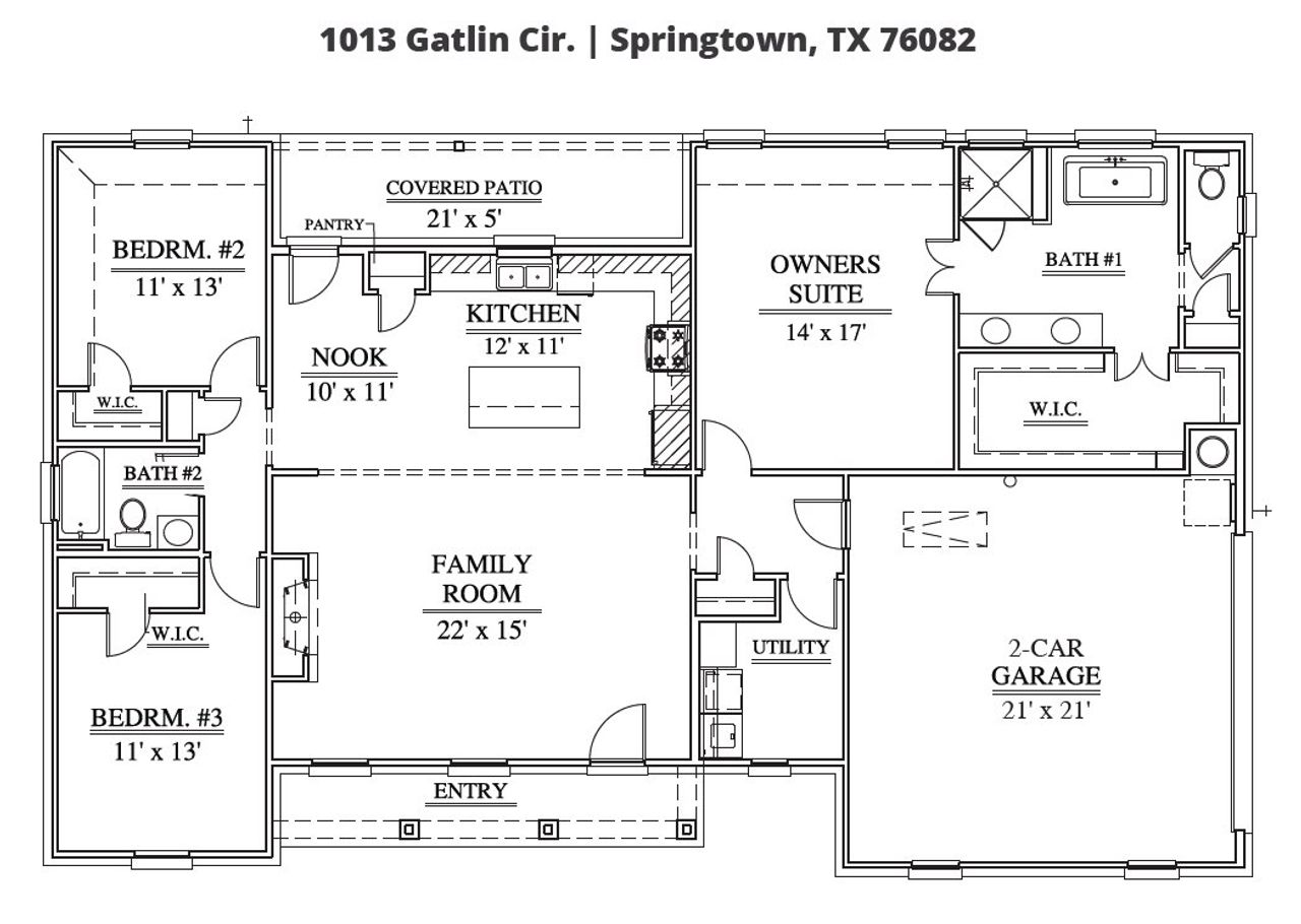 2D floor plan layout of this home in Gatlin Ranch, Springtown, TX (Image 2).
