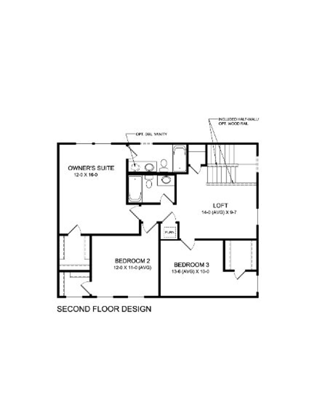 2D floor plan layout for the Wesley by Fischer Homes in Twin Lakes, Hoschton, GA (Image 2).
