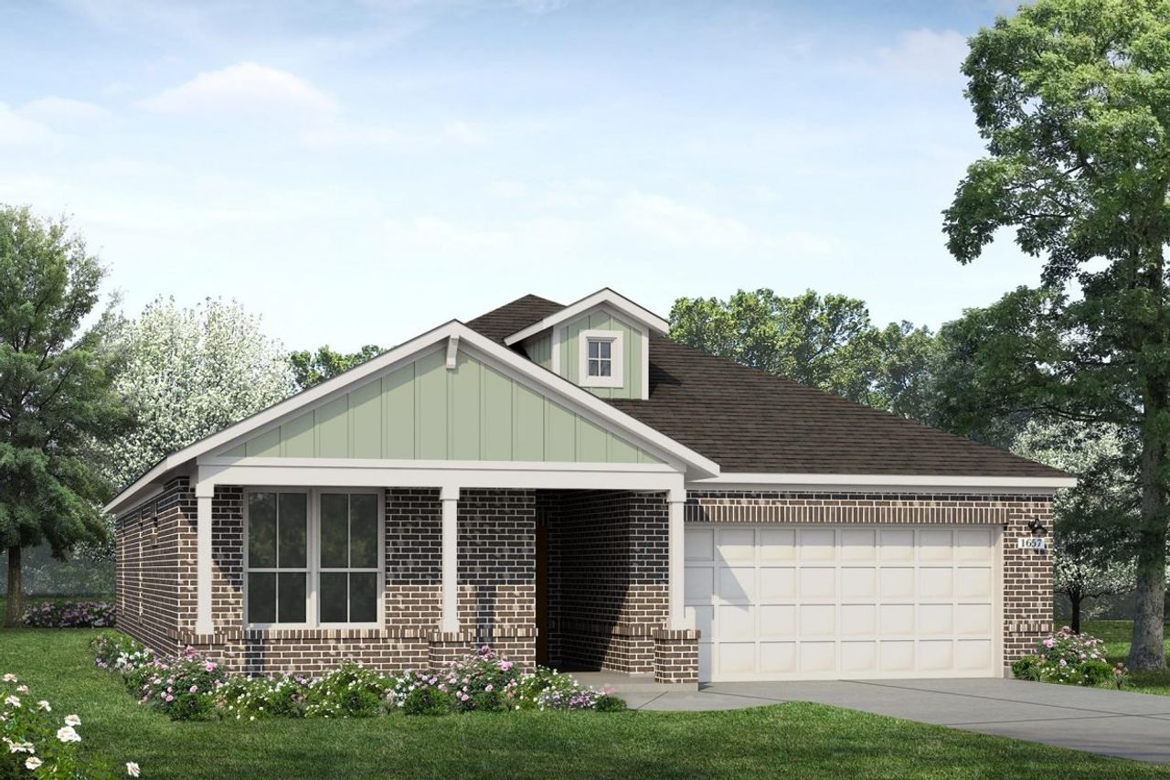 Rendering of one story home with green board and batten, light accents and garage, and dark brick, as well as driveway, and landscaping Rendering of one story home with green board and batten, light accents and garage, and dark brick, as well as driveway, and landscaping