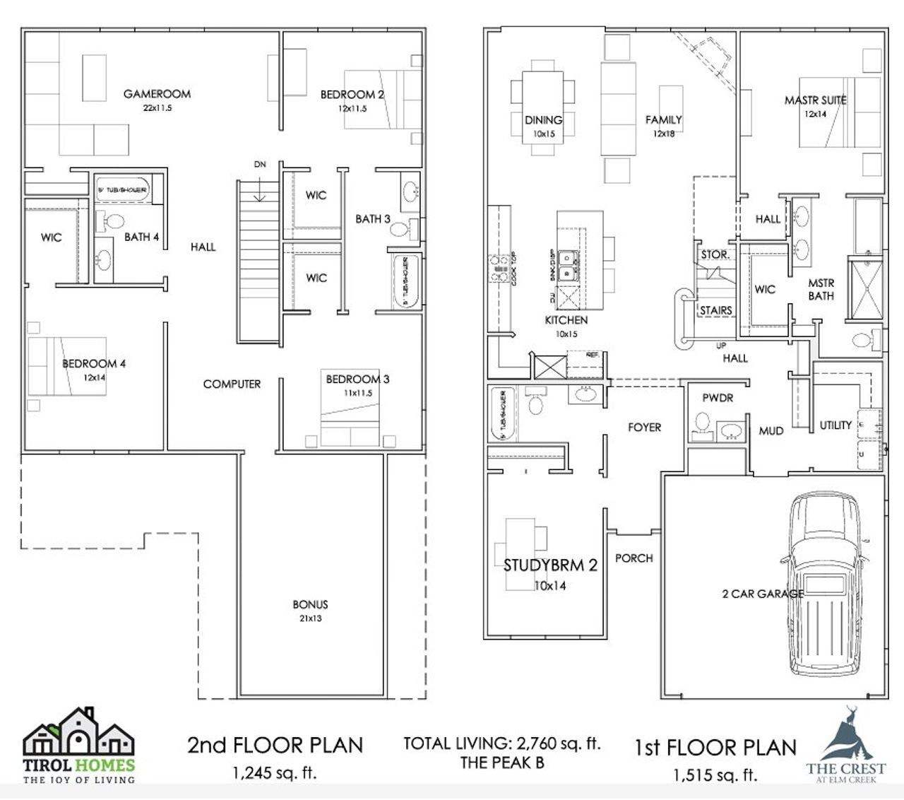 2D floor plan layout for the Peak B by Tirol Homes in The Crest at Elm Creek, San Antonio, TX (Image 2).