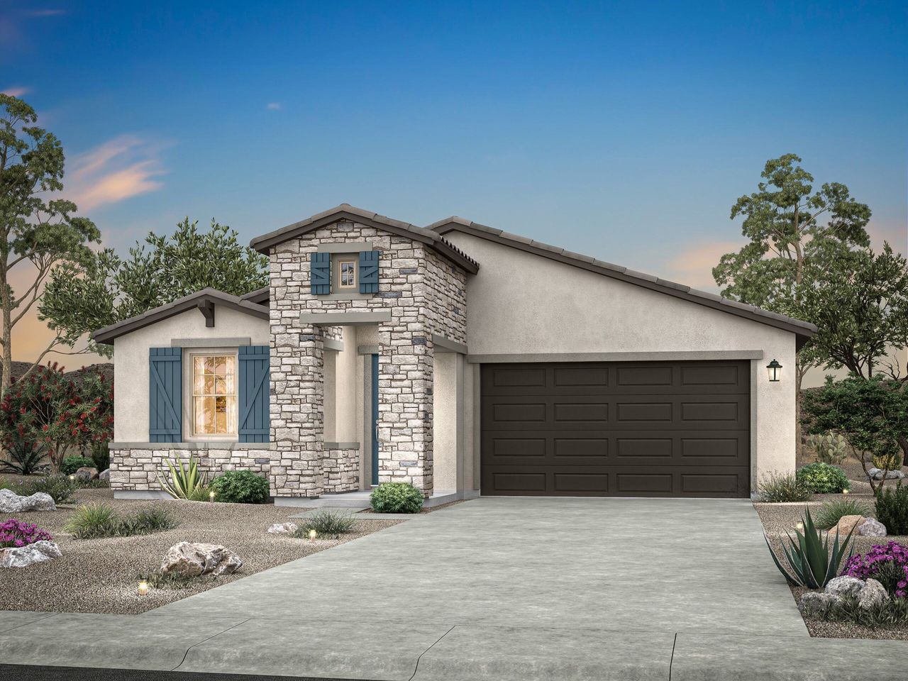 Representative exterior photo of a completed home built from the Pinetop by William Ryan Homes in Alta Vida at Westpark, Buckeye, AZ (Image 2). Representative exterior photo of a completed home built from the Pinetop by William Ryan Homes in Alta Vida at Westpark, Buckeye, AZ (Image 2).