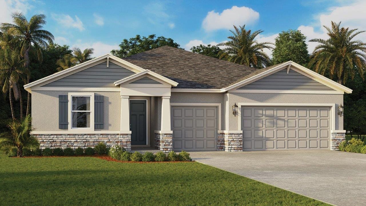 Front exterior of a new home in Harmony at Lake Eloise, Winter Haven, FL, highlighting curb appeal (Image 2).