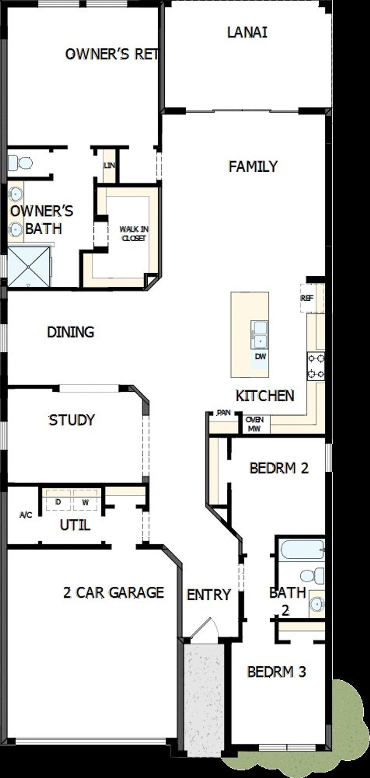 2D floor plan layout of this home in Oakfield at Mount Dora Cottage Series, Mount Dora, FL (Image 2). 2D floor plan layout of this home in Oakfield at Mount Dora Cottage Series, Mount Dora, FL (Image 2).