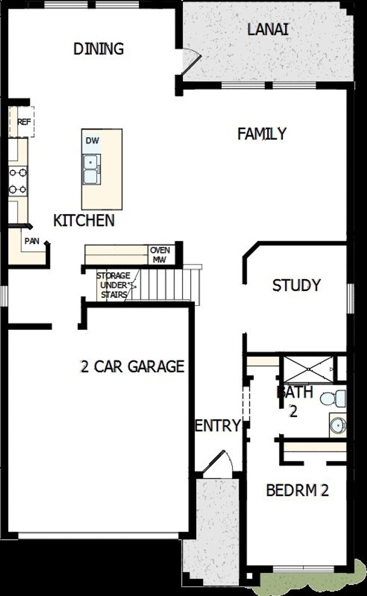 2D floor plan layout of this home in Oakfield at Mount Dora Cottage Series, Mount Dora, FL (Image 2).