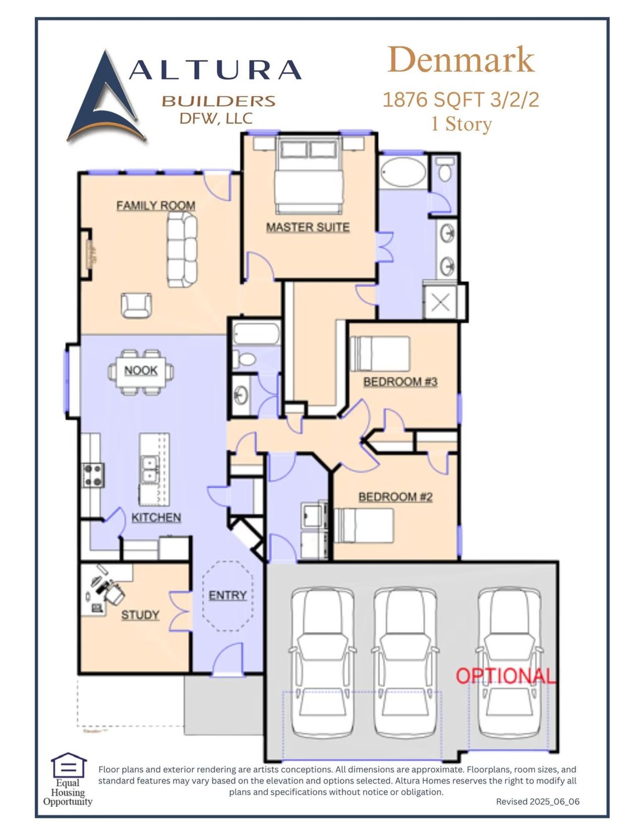 2D floor plan layout for the Denmark by Altura Homes in Fox Landing, Caddo Mills, TX (Image 2).