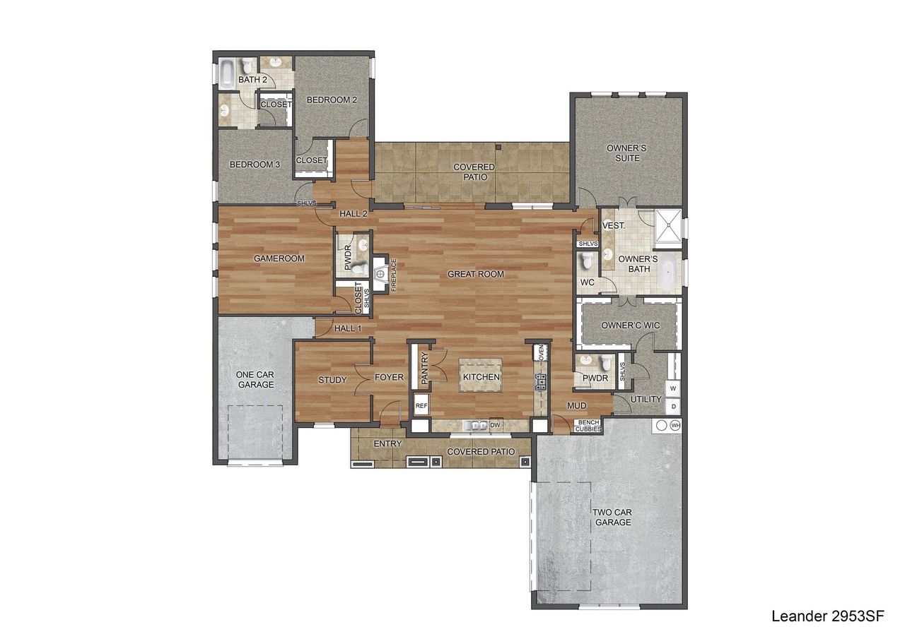 2D floor plan layout for the Leander by Kenmark Homes in Aledo Heights - Aledo ISD, Aledo, TX (Image 2).