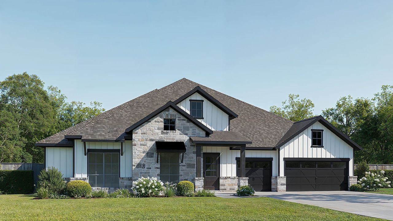 Representative exterior photo of a completed home built from the 4421B by Perry Homes in Fulshear Lakes 80', Fulshear, TX (Image 2).