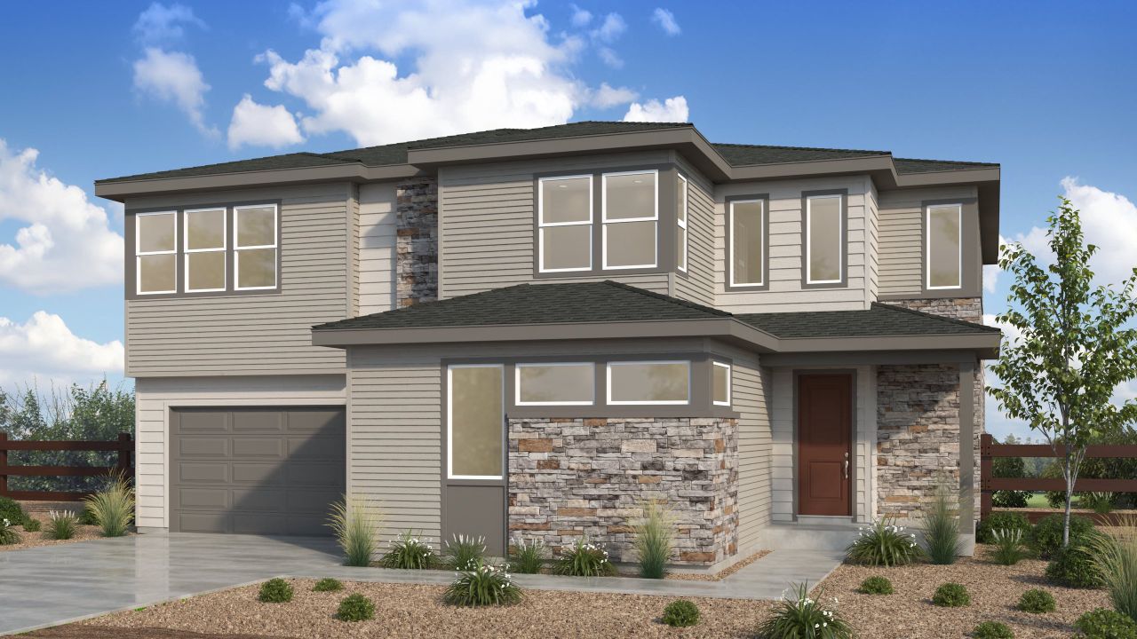 Representative exterior photo of a completed home built from the Keystone Plus by Taylor Morrison in The Enclave at Macanta - Destination, Castle Rock, CO (Image 2). Representative exterior photo of a completed home built from the Keystone Plus by Taylor Morrison in The Enclave at Macanta - Destination, Castle Rock, CO (Image 2).