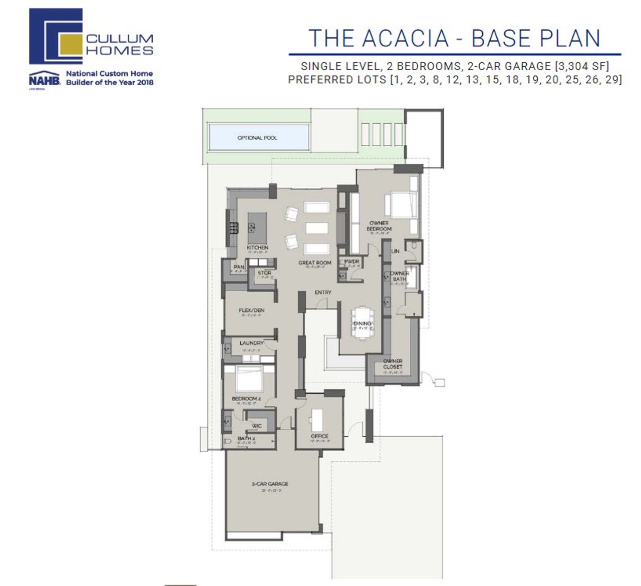 2D floor plan layout for the Acacia by Cullum Homes in Village at Seven Desert Mountain, Scottsdale, AZ (Image 2).