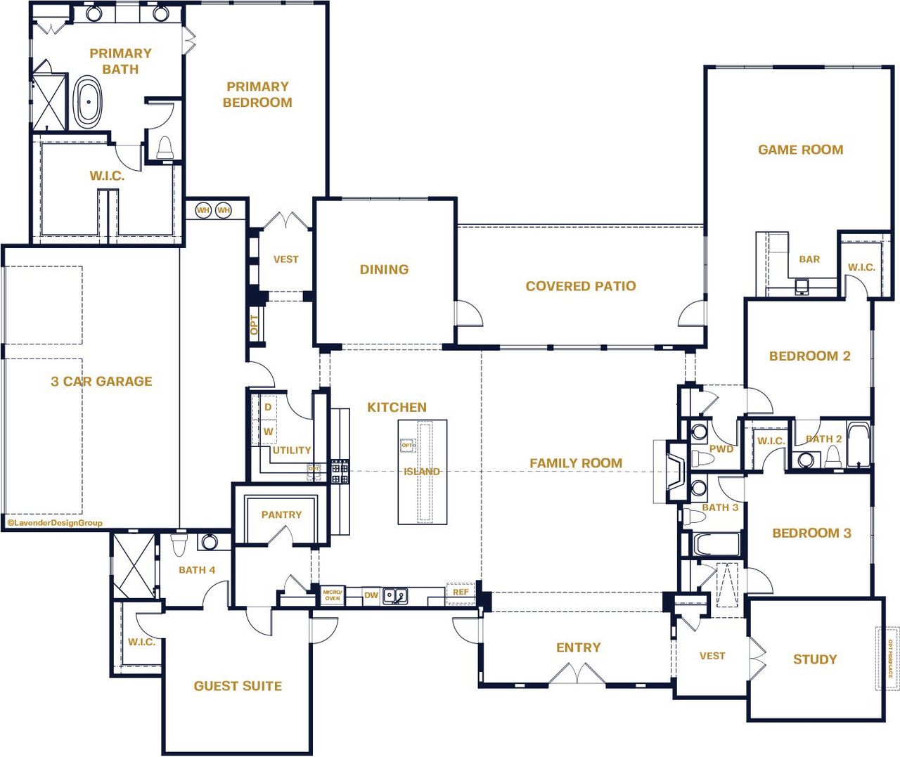 2D floor plan layout for the Midland by Sitterle Homes in ClearWater Ranch, Liberty Hill, TX (Image 2). 2D floor plan layout for the Midland by Sitterle Homes in ClearWater Ranch, Liberty Hill, TX (Image 2).
