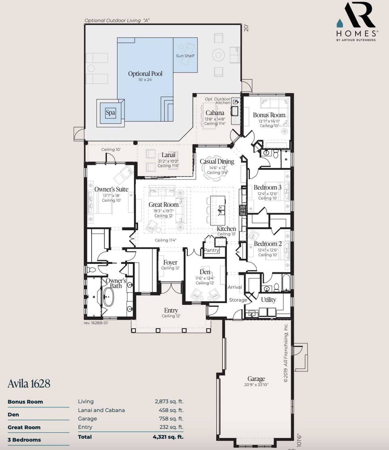 2D floor plan layout for the Avila 1628 by AR HOMES in Southern Hills Plantation, Brooksville, FL (Image 2). 2D floor plan layout for the Avila 1628 by AR HOMES in Southern Hills Plantation, Brooksville, FL (Image 2).