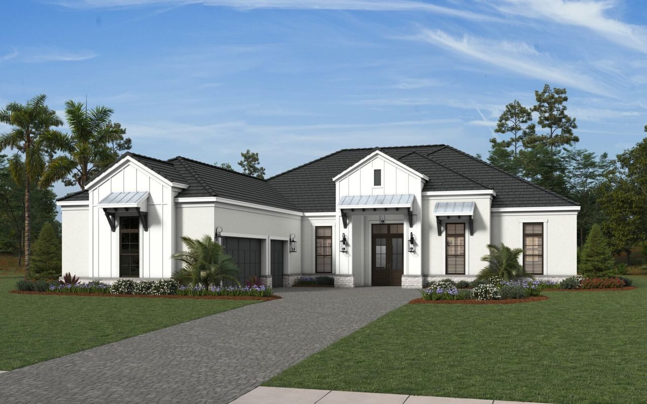 Representative exterior photo of a completed home built from the Kingfisher 2 by Neal Signature Homes in Waterbury Park, Bradenton, FL (Image 2). Representative exterior photo of a completed home built from the Kingfisher 2 by Neal Signature Homes in Waterbury Park, Bradenton, FL (Image 2).