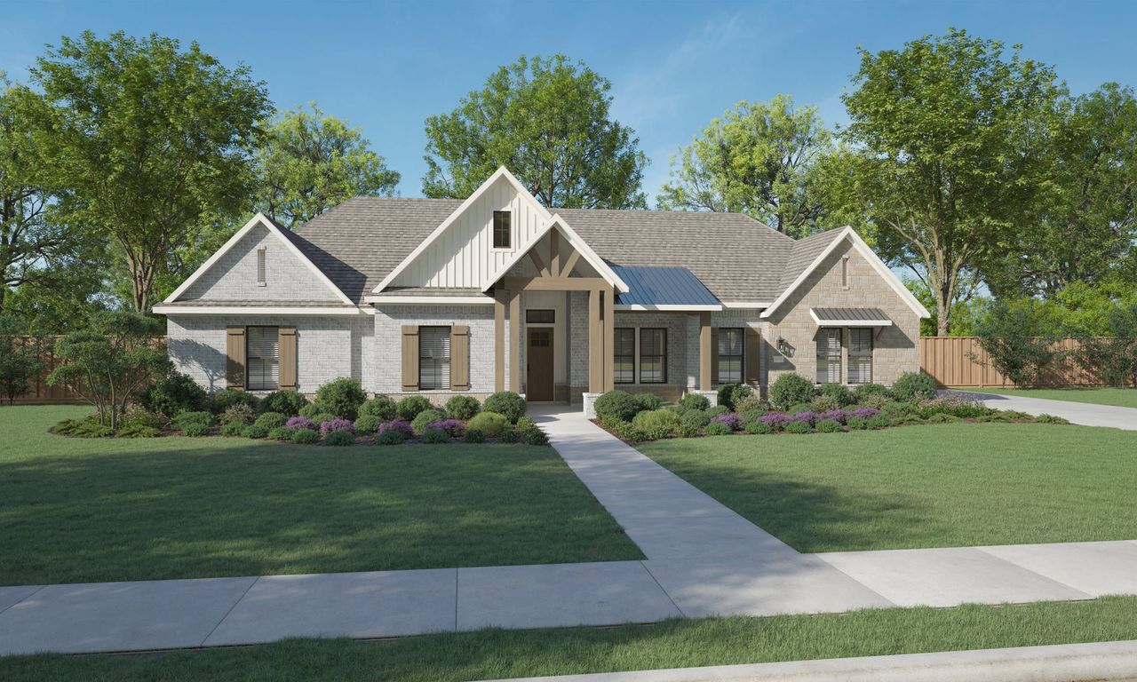 Front exterior of a new home in Lakeway Estates, Waxahachie, TX, highlighting curb appeal (Image 2). Front exterior of a new home in Lakeway Estates, Waxahachie, TX, highlighting curb appeal (Image 2).