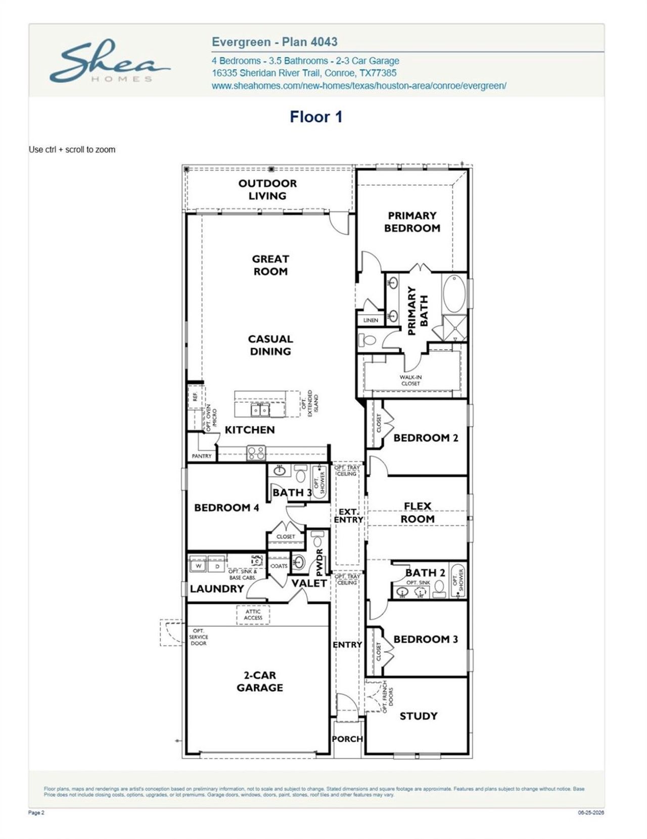 2D floor plan layout of this home in Evergreen 50', Conroe, TX (Image 2).