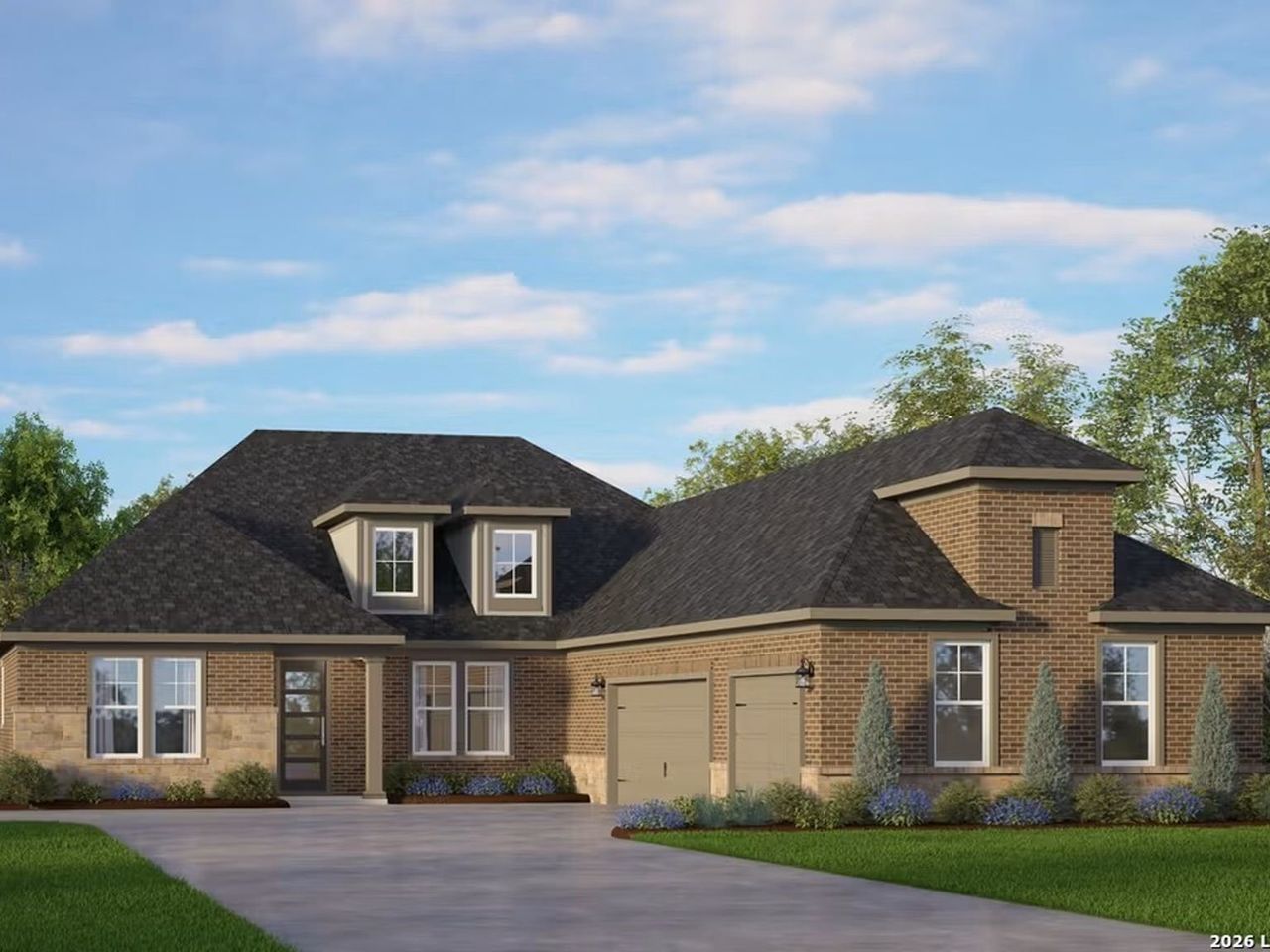 Front exterior of a new home in Potranco Oaks, Castroville, TX, highlighting curb appeal (Image 2).