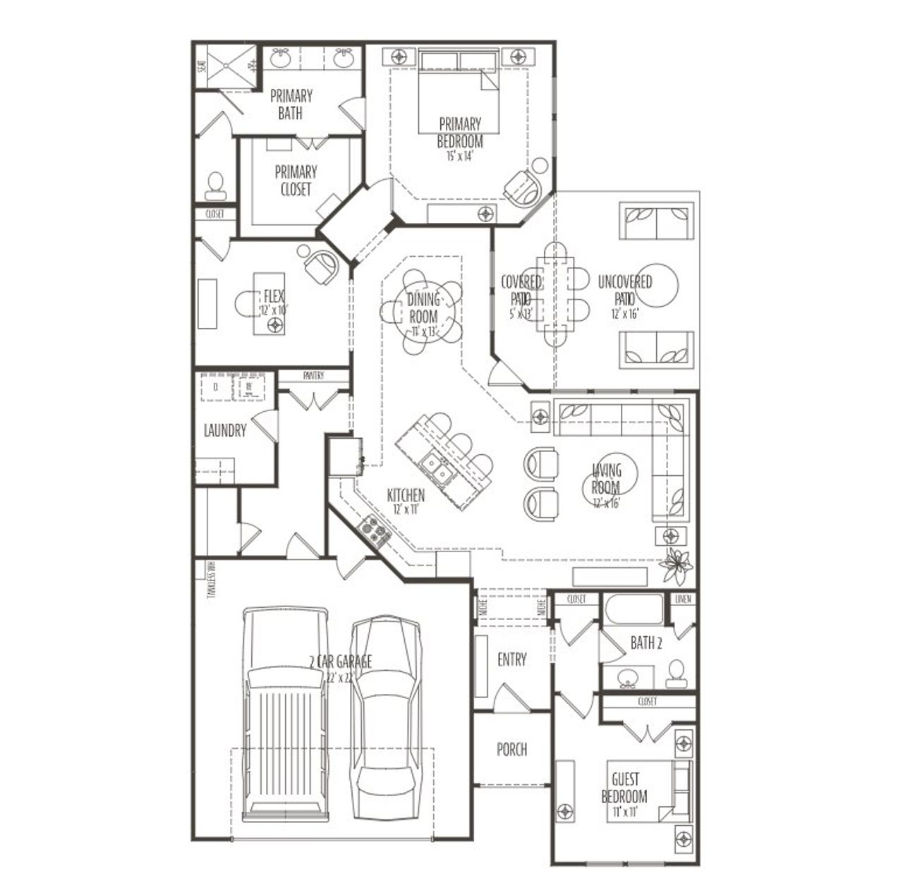 2D floor plan layout for the Portico by Ladera Texas in Ladera at Timberbrook, Justin, TX (Image 2). 2D floor plan layout for the Portico by Ladera Texas in Ladera at Timberbrook, Justin, TX (Image 2).