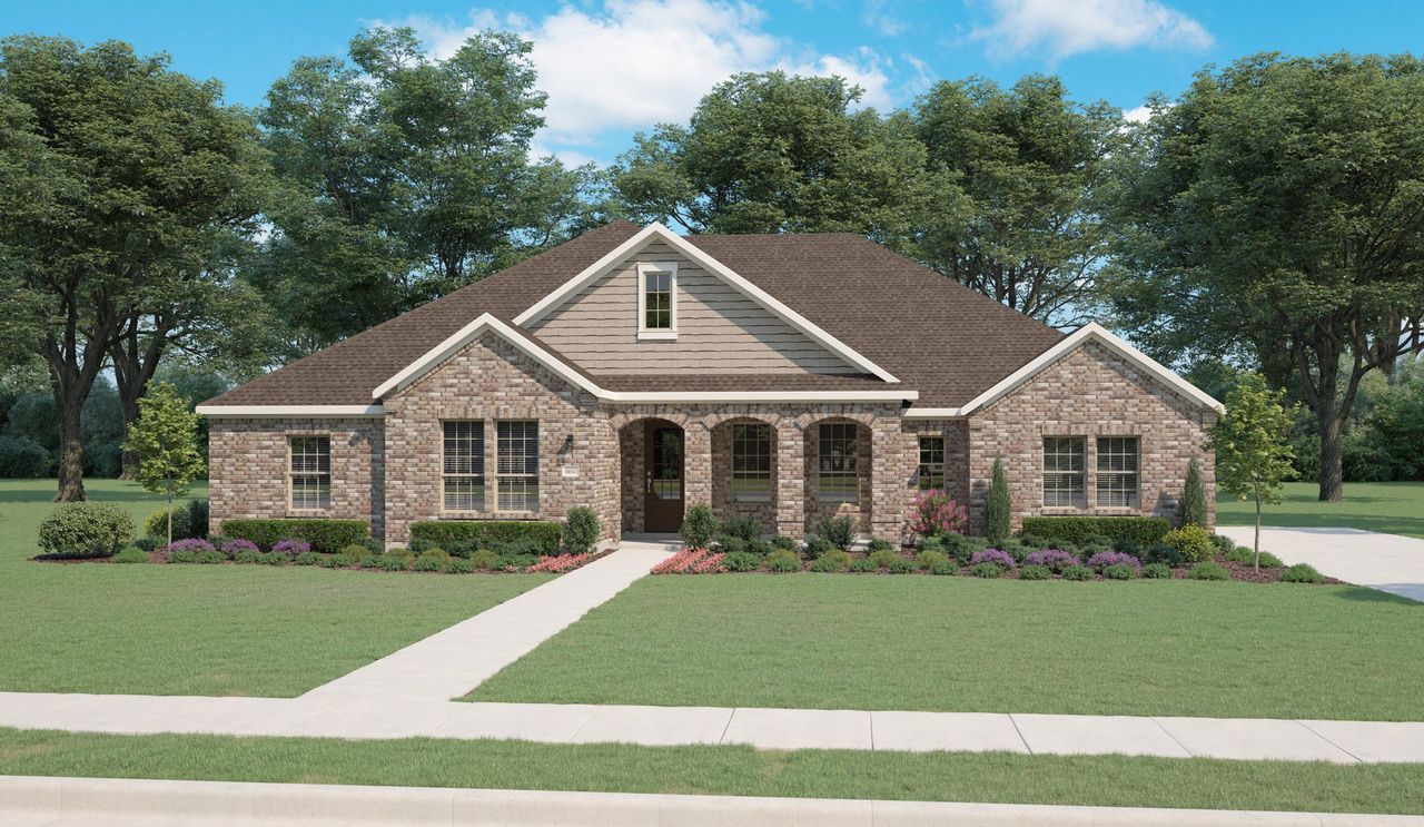 Front exterior of a new home in Lakeway Estates, Waxahachie, TX, highlighting curb appeal (Image 2). Front exterior of a new home in Lakeway Estates, Waxahachie, TX, highlighting curb appeal (Image 2).