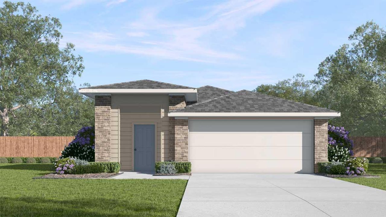 Front exterior of a new home in Southgrove, Kyle, TX, highlighting curb appeal (Image 2).
