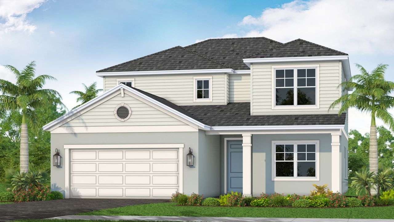 Front exterior of a new home in Wildleaf Real Estate and Homes for Sale in Parrish, FL - Neal Communities, Parrish, FL, highlighting curb appeal (Image 2).