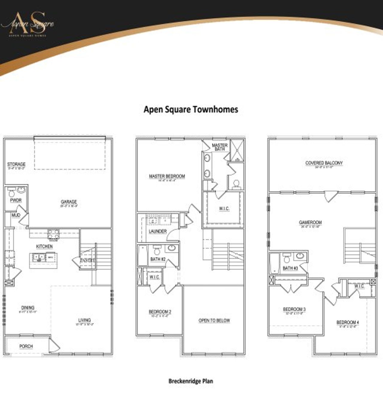 2D floor plan layout for the Brekenridge by Aspen Square Homes in Aspen Square Townhomes, Irving, TX (Image 2).