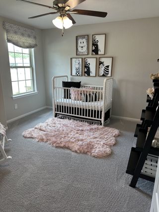 A cozy nursery with a white crib, playful animal artwork, and a soft pink rug on plush gray carpeting.