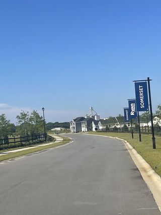 A serene street view in Somerset Two-Story Homes by Ryan Homes, showcasing landscaped pathways in Santee, SC.