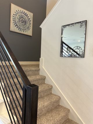 A modern staircase with plush carpeting, wrought iron railing, decorative wall art, and a vintage mirror.