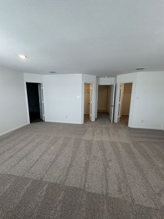 A spacious carpeted room with multiple doors and soft lighting for versatile interior design.
