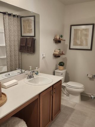 A cozy bathroom featuring wooden cabinets, a modern sink, and stylish decor accents.